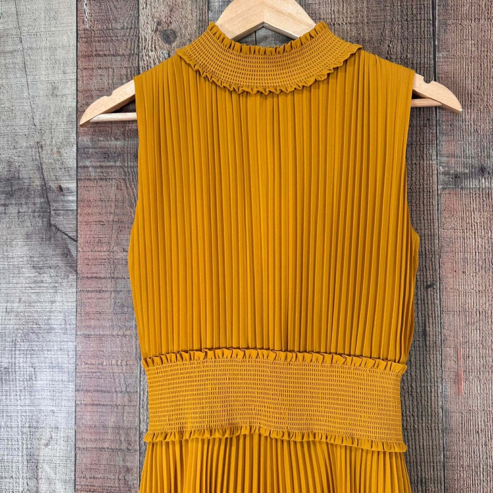 Nanette Lepore Mustard Yellow Pleated Smocked Waist Midi Dress 6 Feminine Chic - Picture 2 of 7